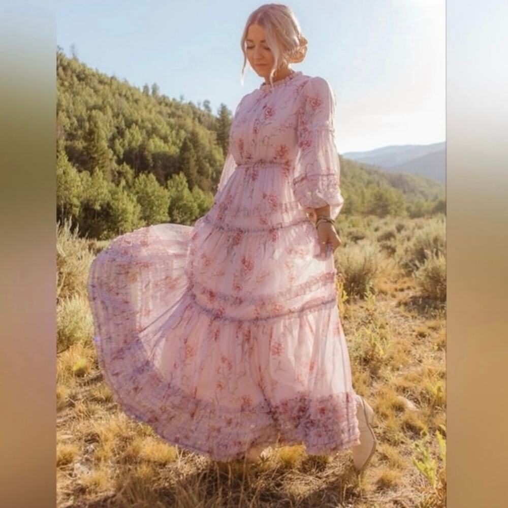 Ivy City Co Plus Size 1X Geneva Dress Maxi Watercolor Mauve Floral Chiffon
